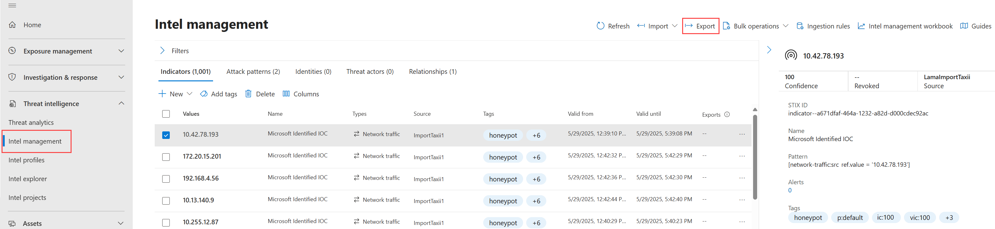 Screenshot of the Export TI option in the Defender portal.