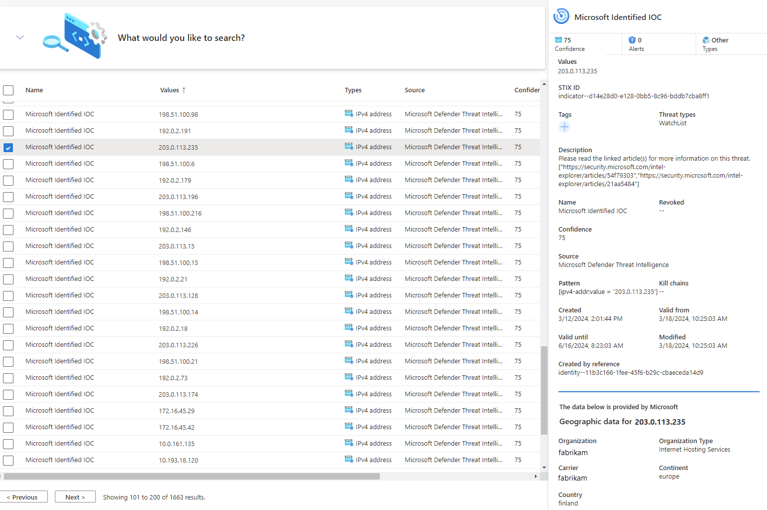 Screenshot that shows the Threat intelligence page with an indicator showing GeoLocation and WhoIs data.