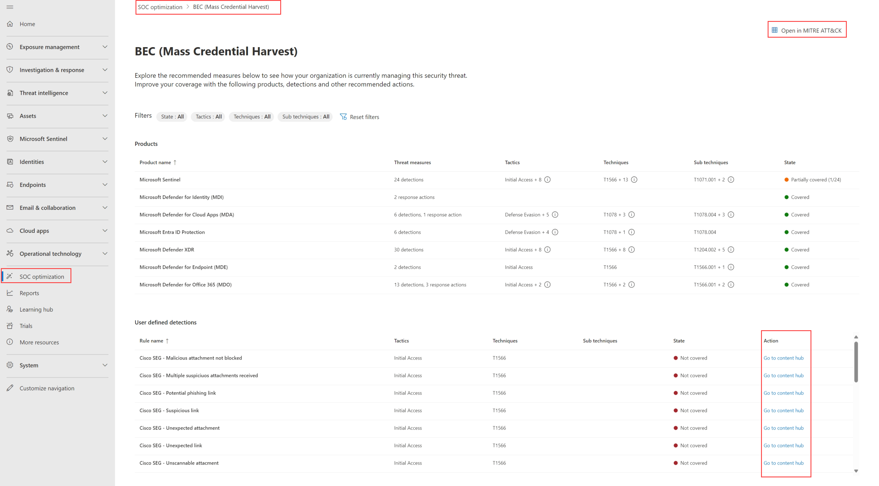 Screenshot of the SOC optimization threat scenario page.
