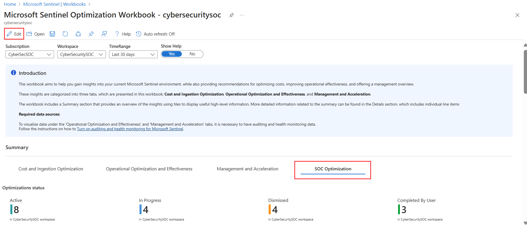 Screenshot of the Microsoft Sentinel Optimization Workbook.