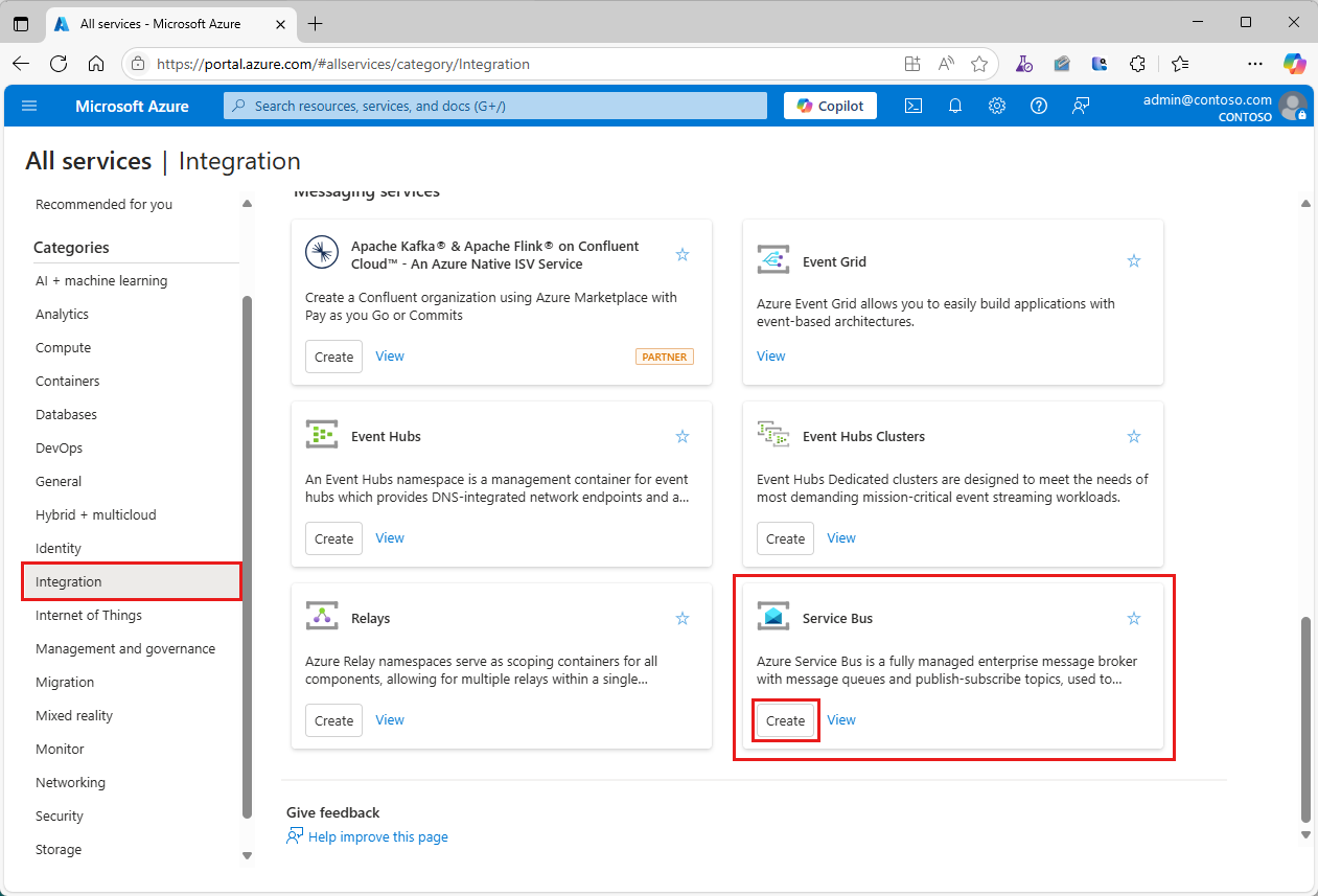 Screenshot showing selection of Create a resource, Integration, and then Service Bus in the menu.