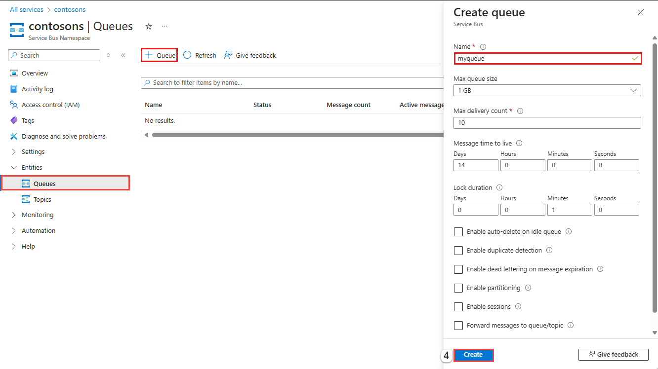 Screenshot that shows the Create queue page.