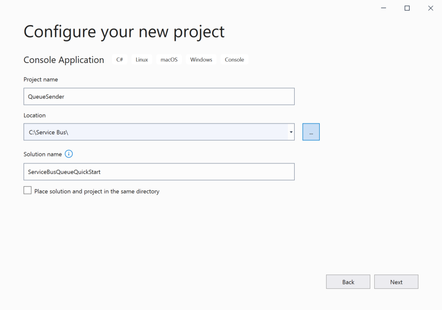 Image showing the solution and project names in the Configure your new project dialog box