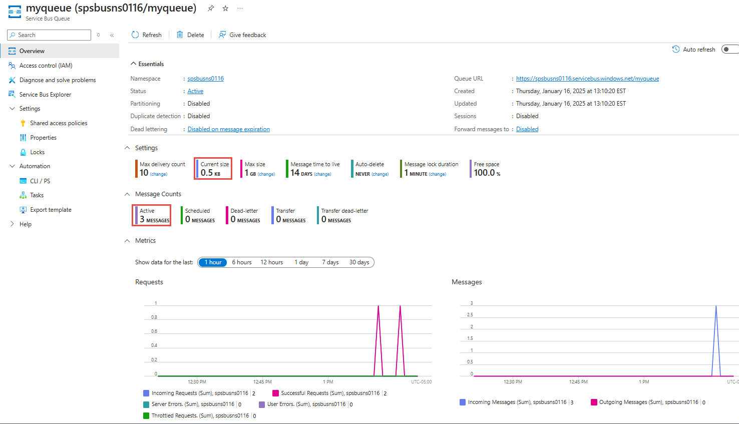 Image showing the number of messages received and the size of the queue.