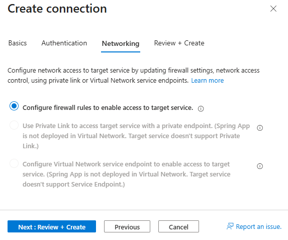 Screenshot of the Azure portal, filling out the Networking tab.