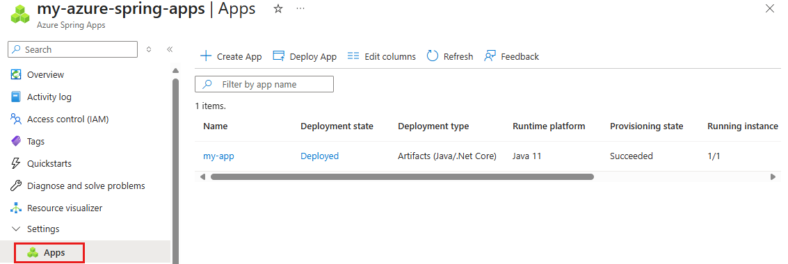 Screenshot of the Azure portal, selecting an app.