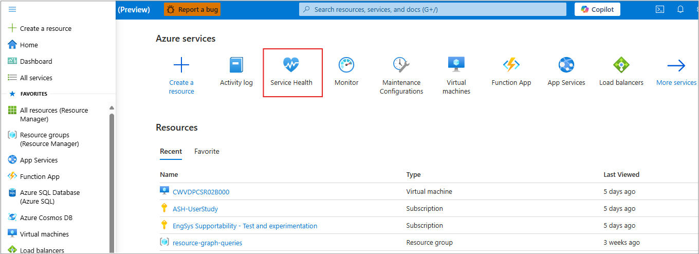 A screenshot of Azure portal with link to open Service Health.