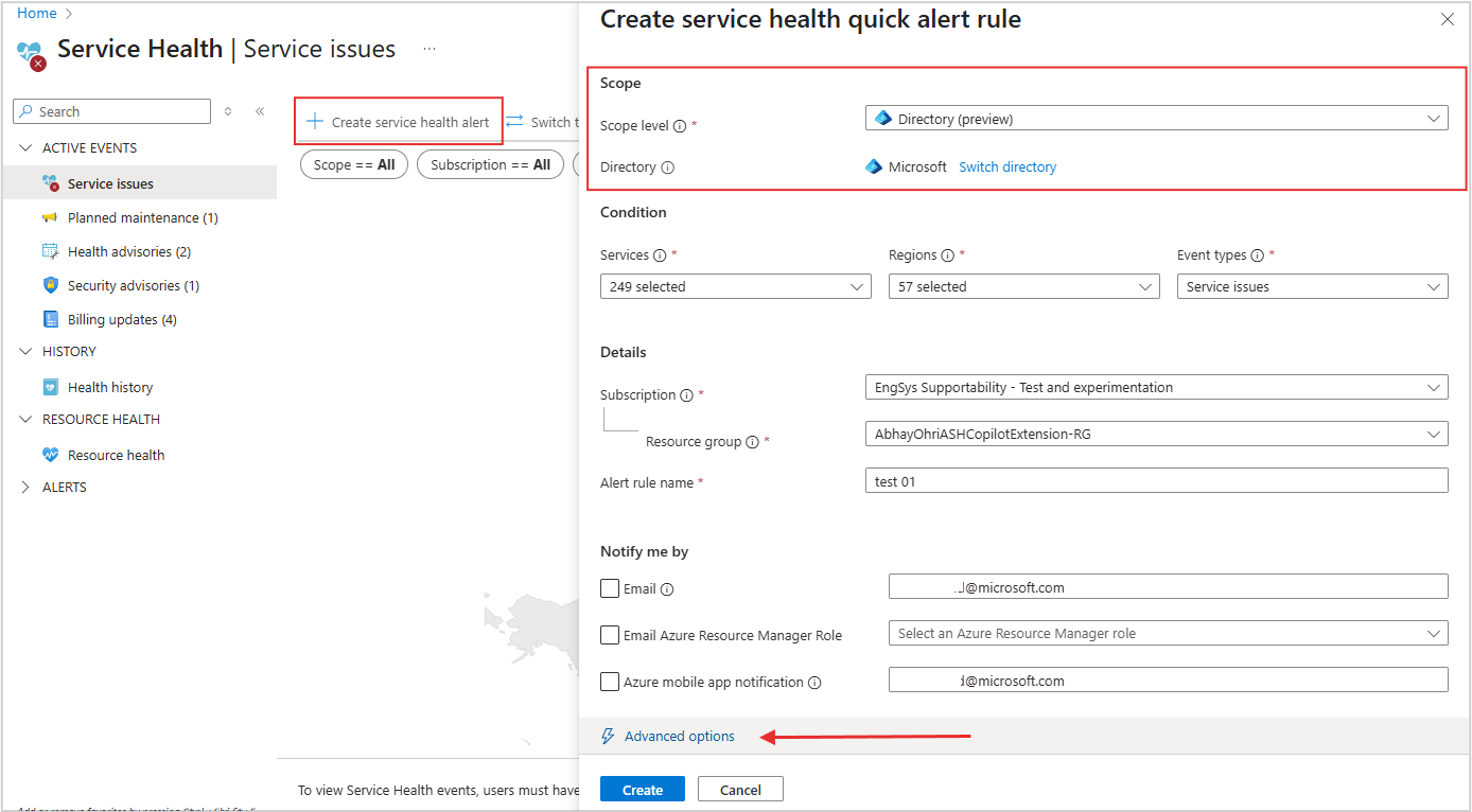 A screenshot of the Health alerts tab for tenant-level alerts.