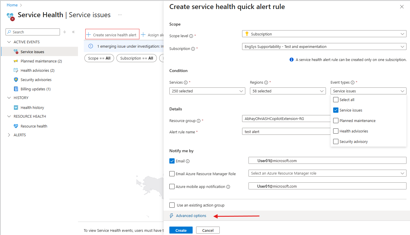 A screenshot of the Health alerts tab.