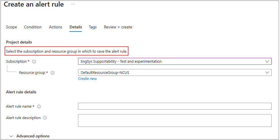 Screenshot of the Details tab in Create service health alert command.