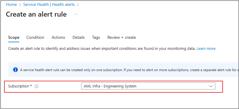Screenshot of the Create service health alert command.