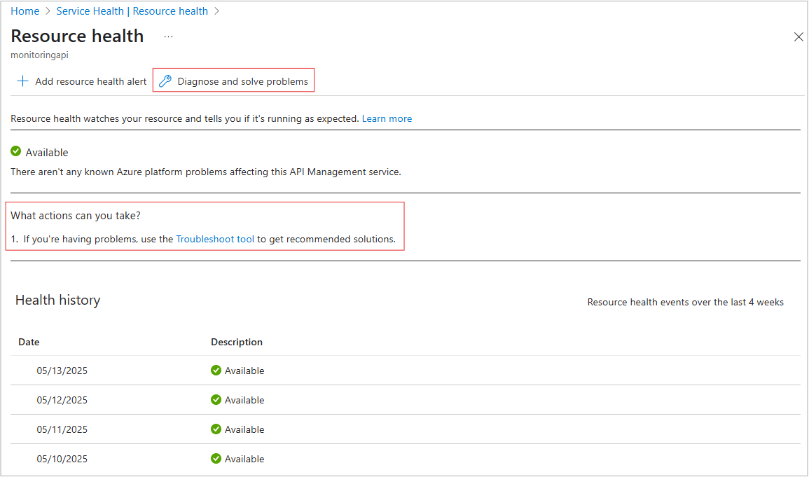 Screenshot that shows opening Resource Health from the resource view.