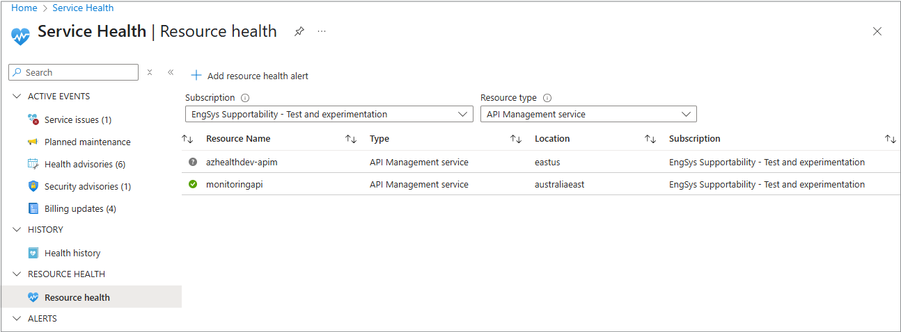 Screenshot of Resource Health main blade.