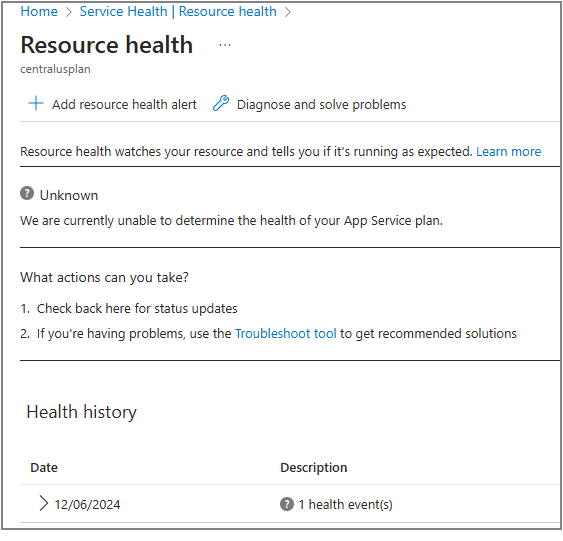 Screenshot that shows status of *Unknown* for an app service plan.