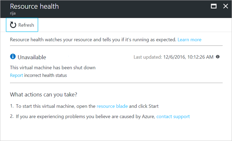 Screenshot that shows status of Unavailable for a virtual machine because of a non-platform event.