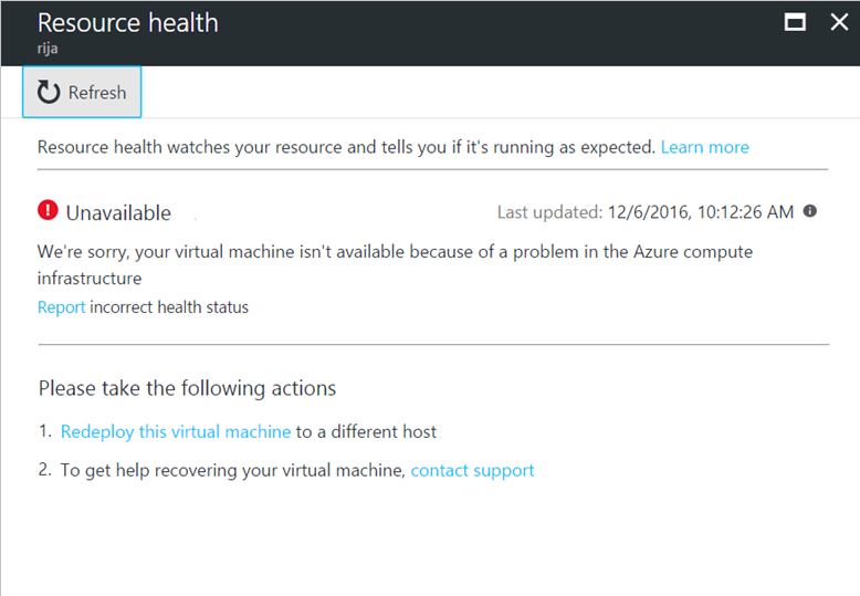 Screenshot of Status of *Unavailable* for a virtual machine because of a platform event.