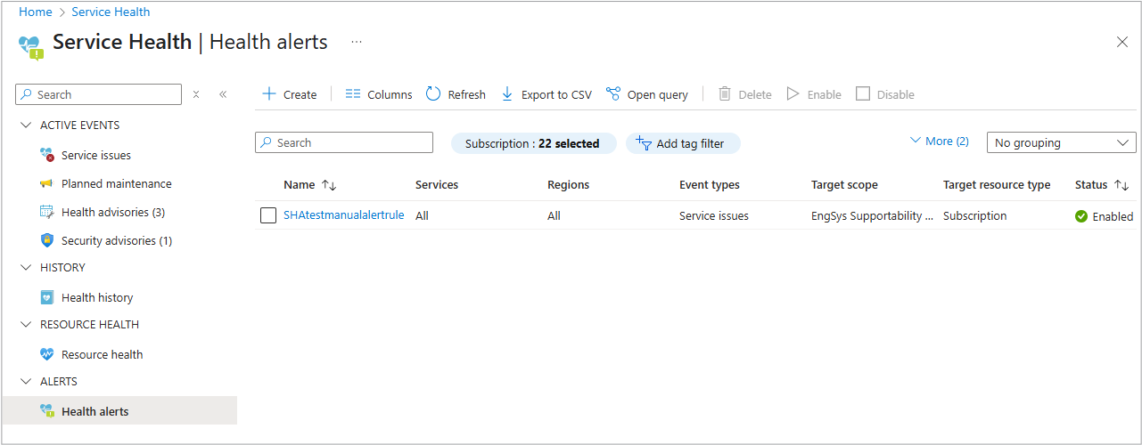 Screenshot of Resource Health alerts.