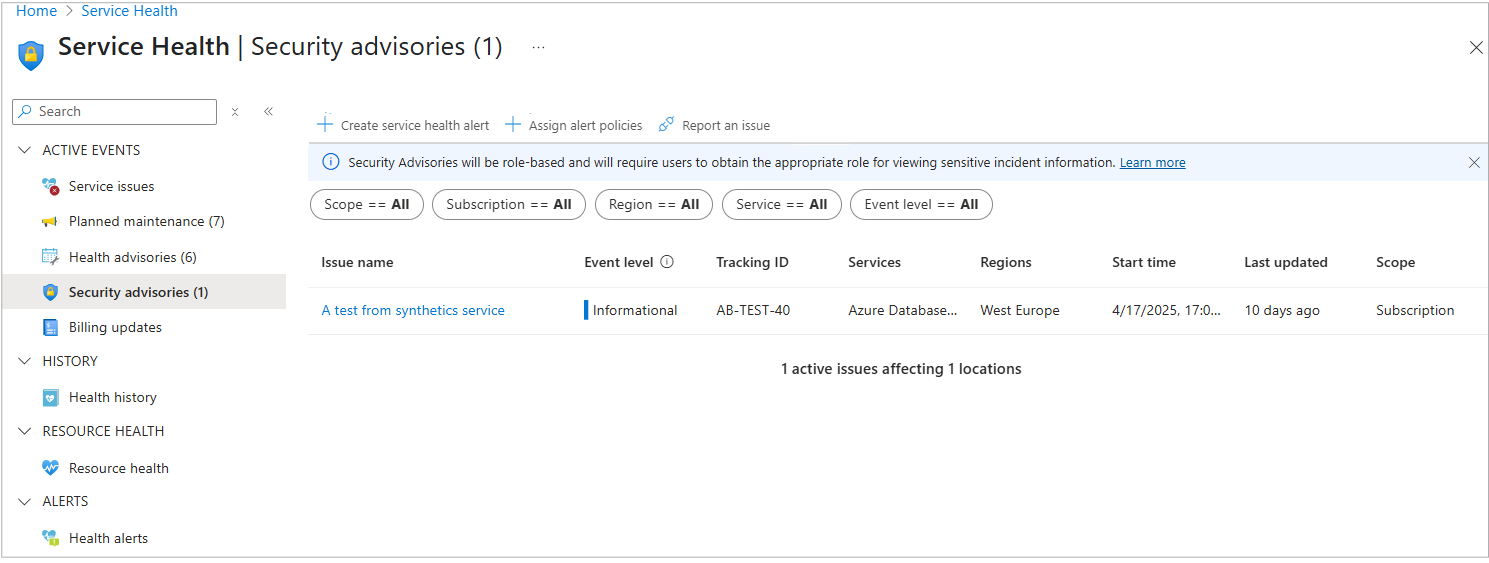 A screenshot of the security advisories window.