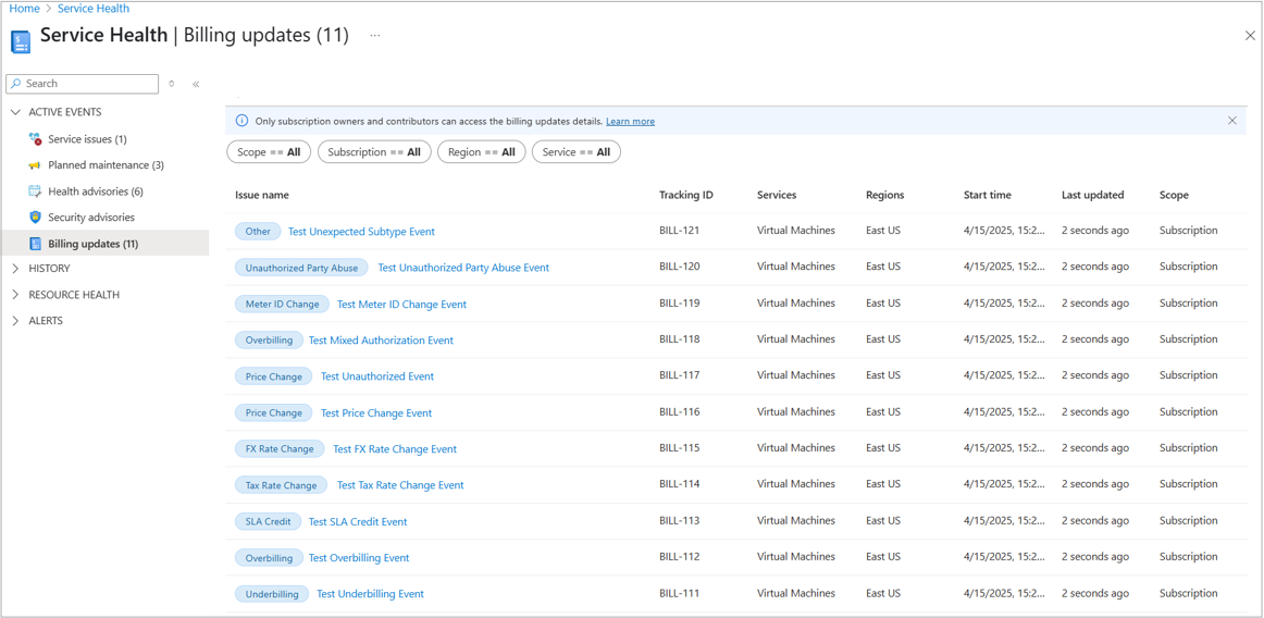A screenshot of the Billing updates window.