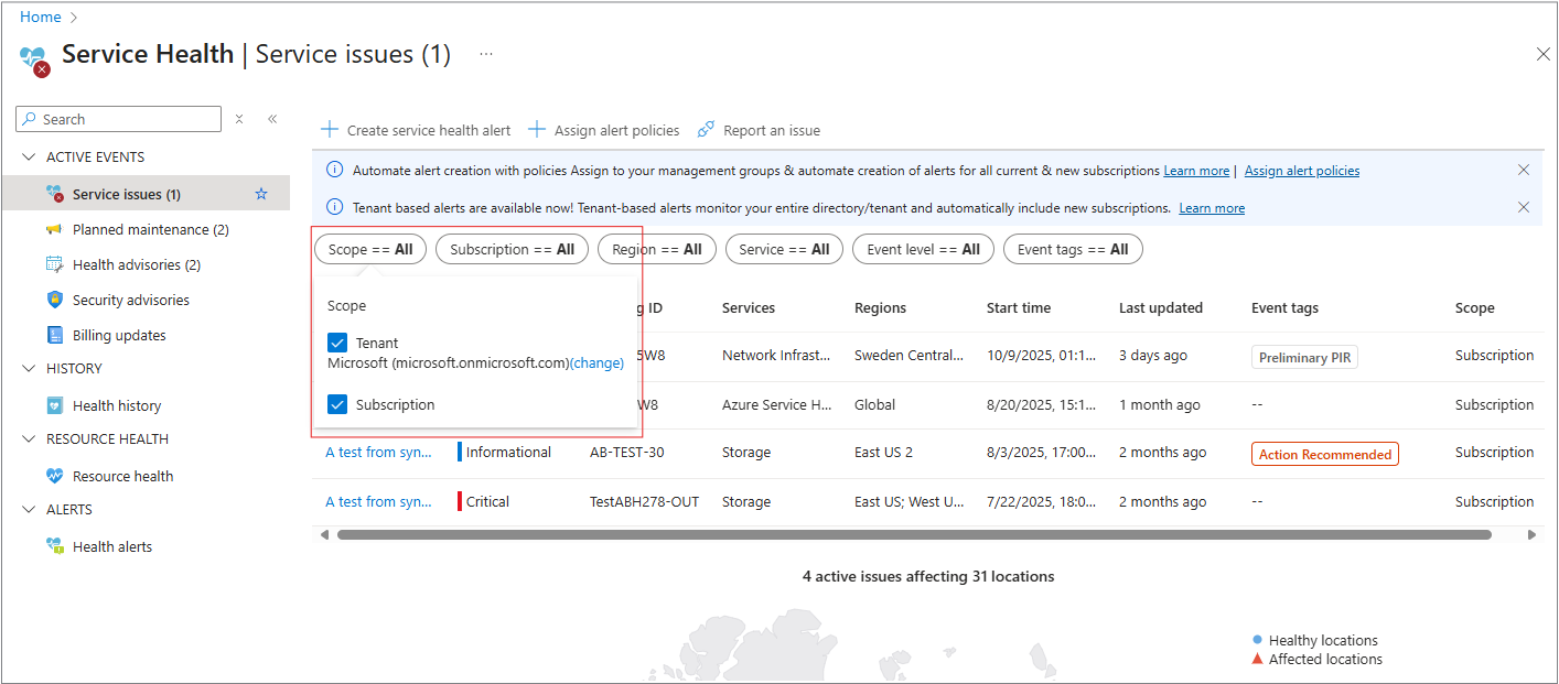 A screenshot of the Service issues user interface that highlights Tenant and Subscription checkboxes.