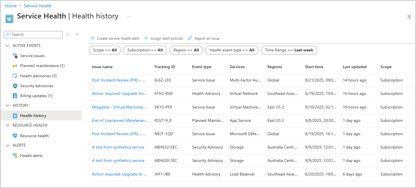 A screenshot of the health history window.