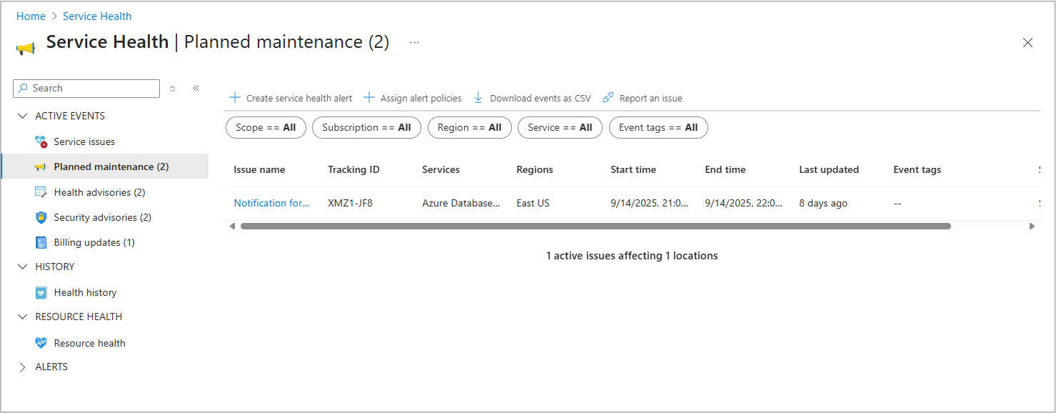 A screenshot of the Planned maintenance window.