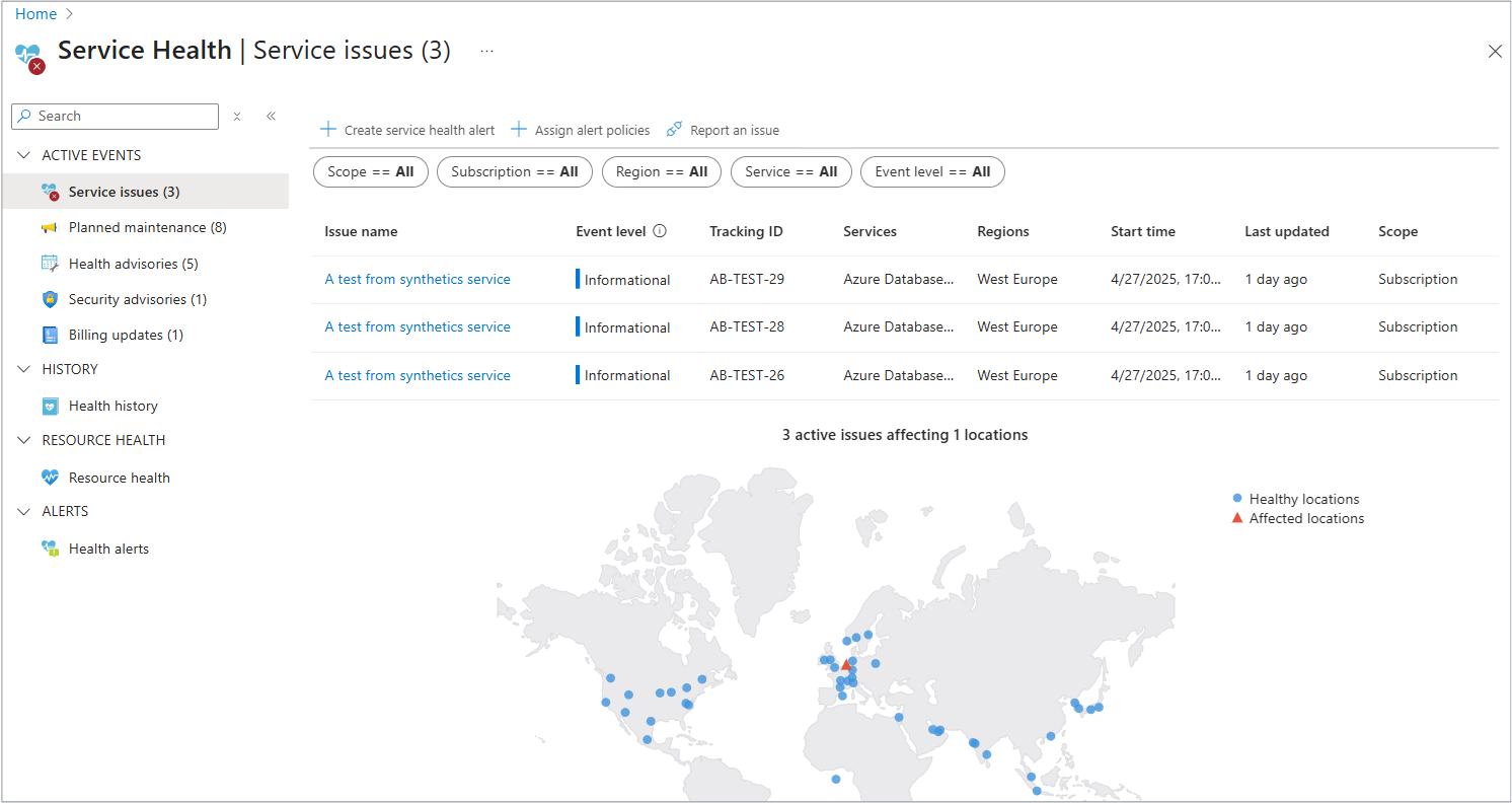 A screenshot of the Service issues user interface.