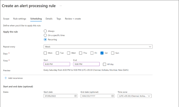 Screenshot displays Schedule time window for notification suppression.