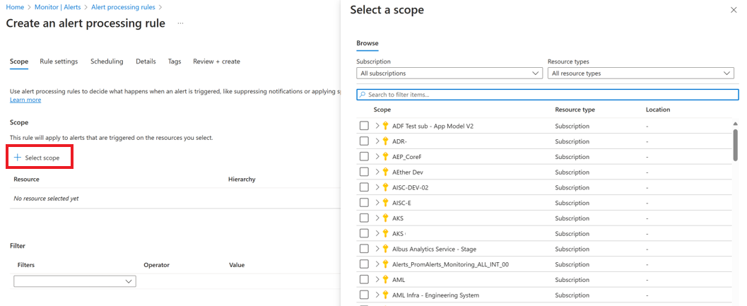 Screenshot displays select scope for the alert processing rule.