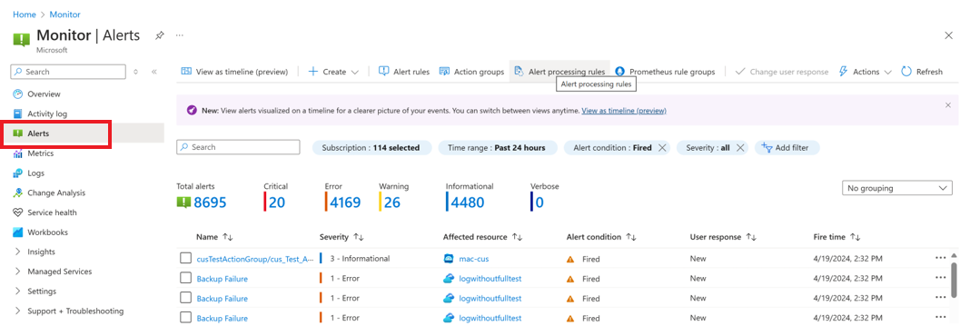 Screenshot displays create new alert processing option.