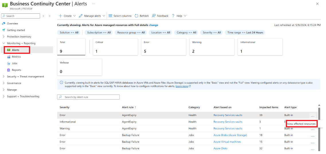 Screenshot displays Backup Center alerts.