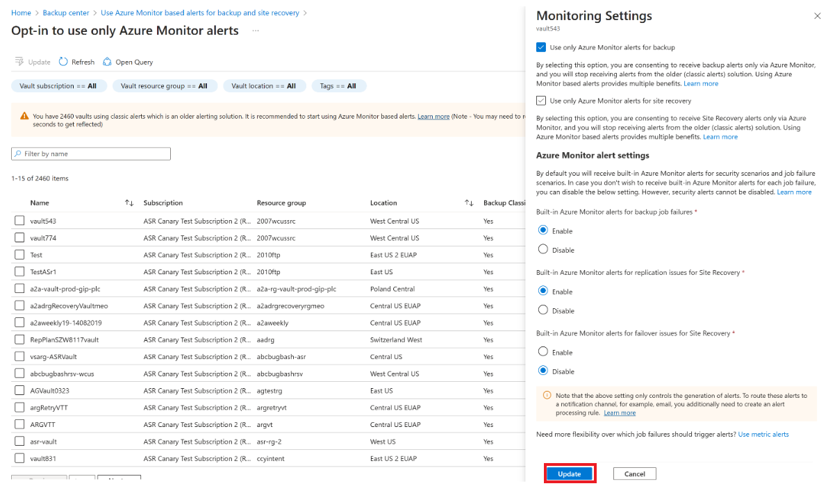 Screenshot displays opt-in properties for alerting feature in Backup center.