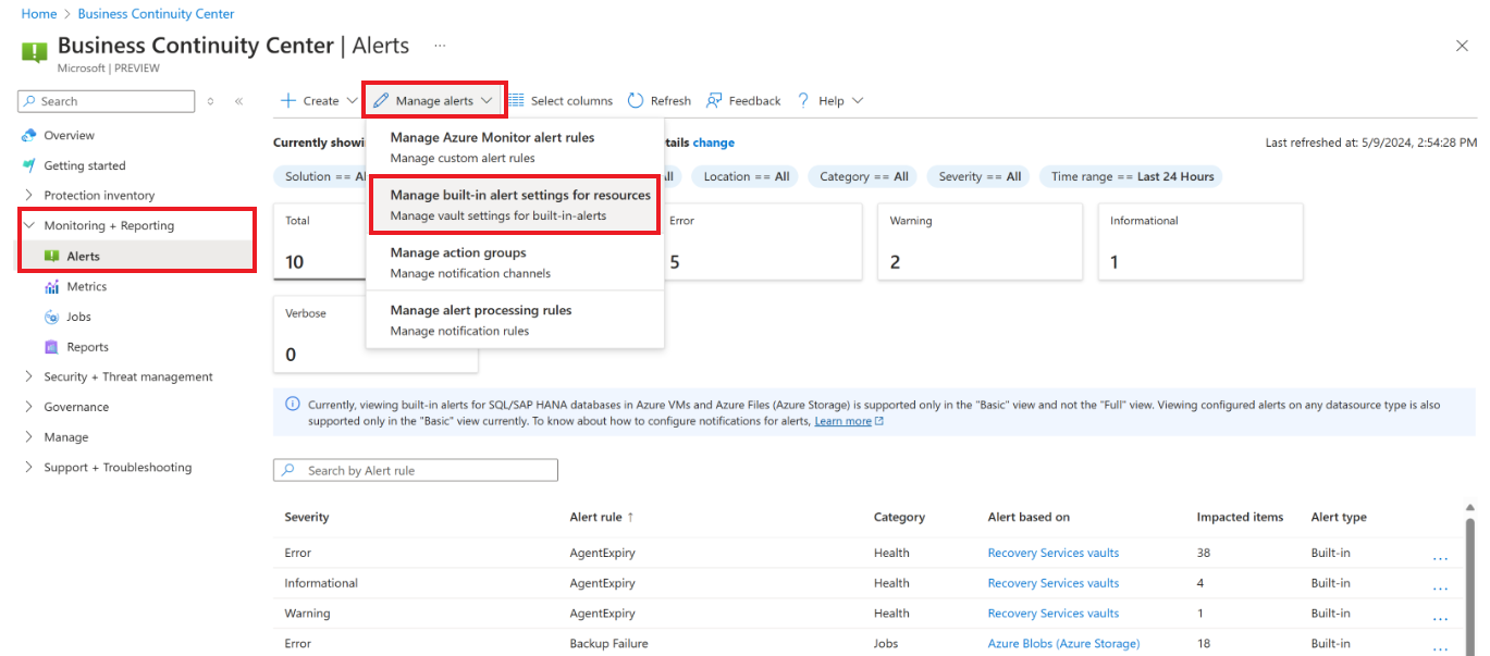 Screenshot displays properties for alerting feature in Business Continuity Center.