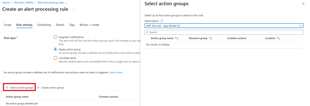 Screenshot displays the Create new action group option.