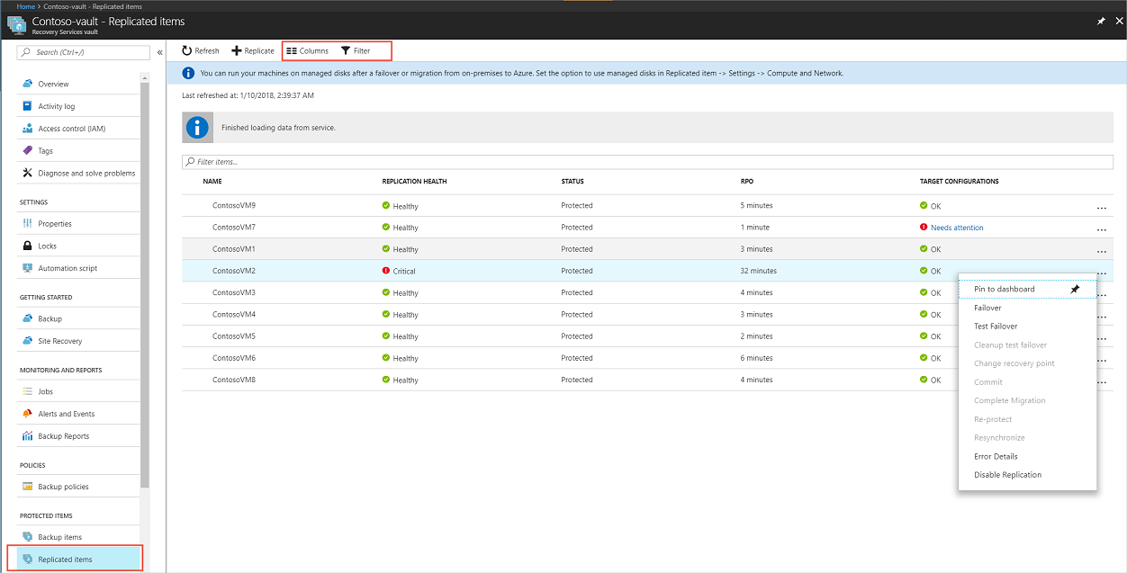 Screenshot displays Site Recovery replicated items list view.