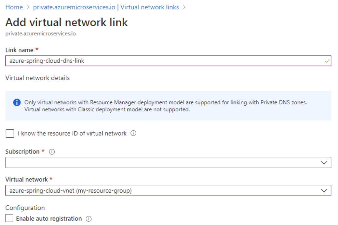 Screenshot of the Azure portal that shows the Add virtual network link page.