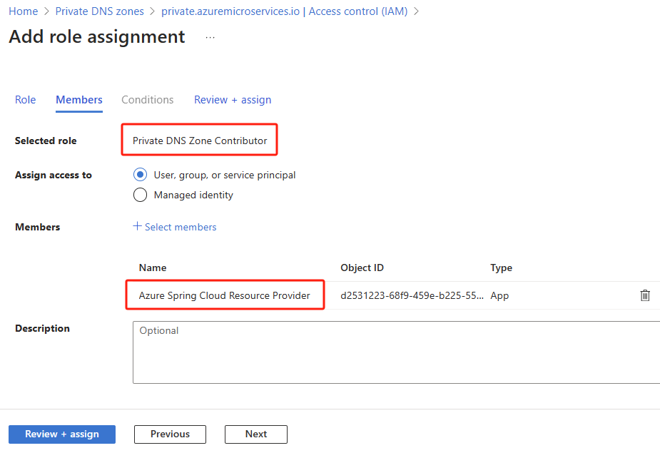 Screenshot of the Azure portal that shows the Access Control (IAM) page, with the Add Role Assignment pane open and search results displaying the Azure Spring Apps Resource Provider.