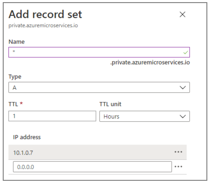 Screenshot of the Azure portal that shows the Add record set page.