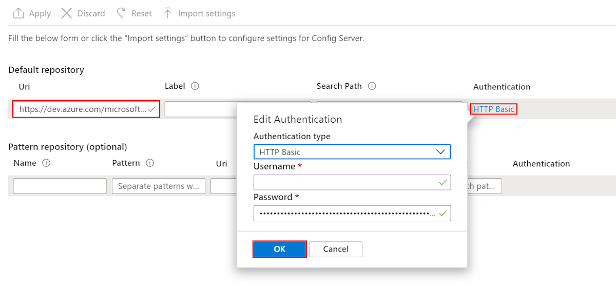 Screenshot of the Azure portal that shows the default repository configuration settings with the Uri and Authentication Type highlighted.