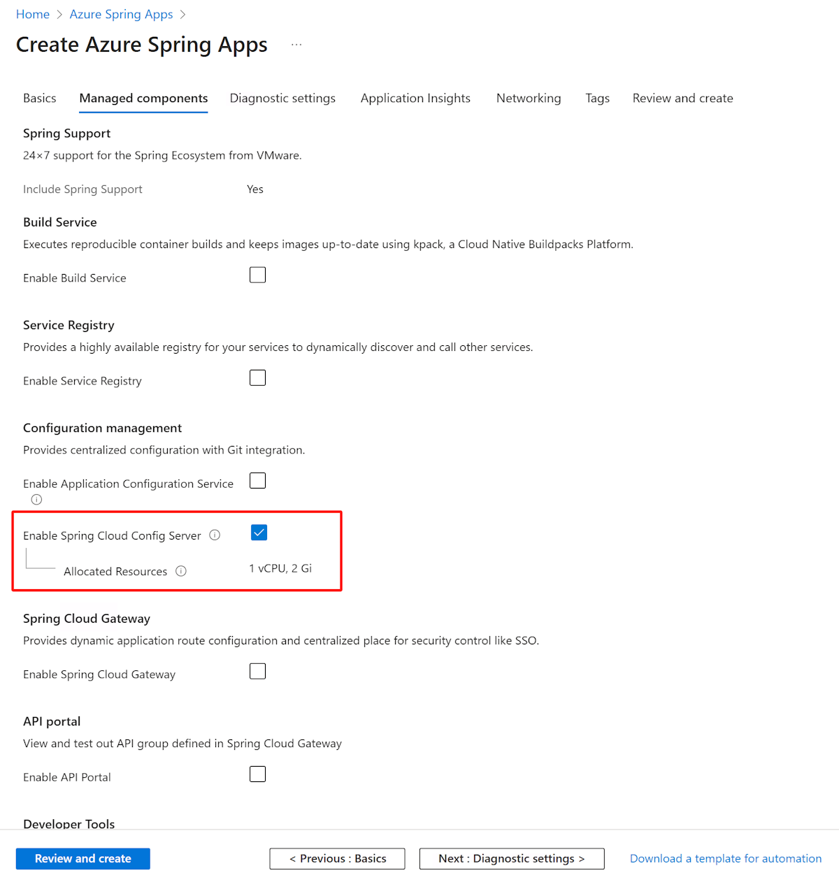 Screenshot of the Azure portal that shows the VMware Tanzu settings tab with the Enable Spring Cloud Config Server checkbox highlighted.