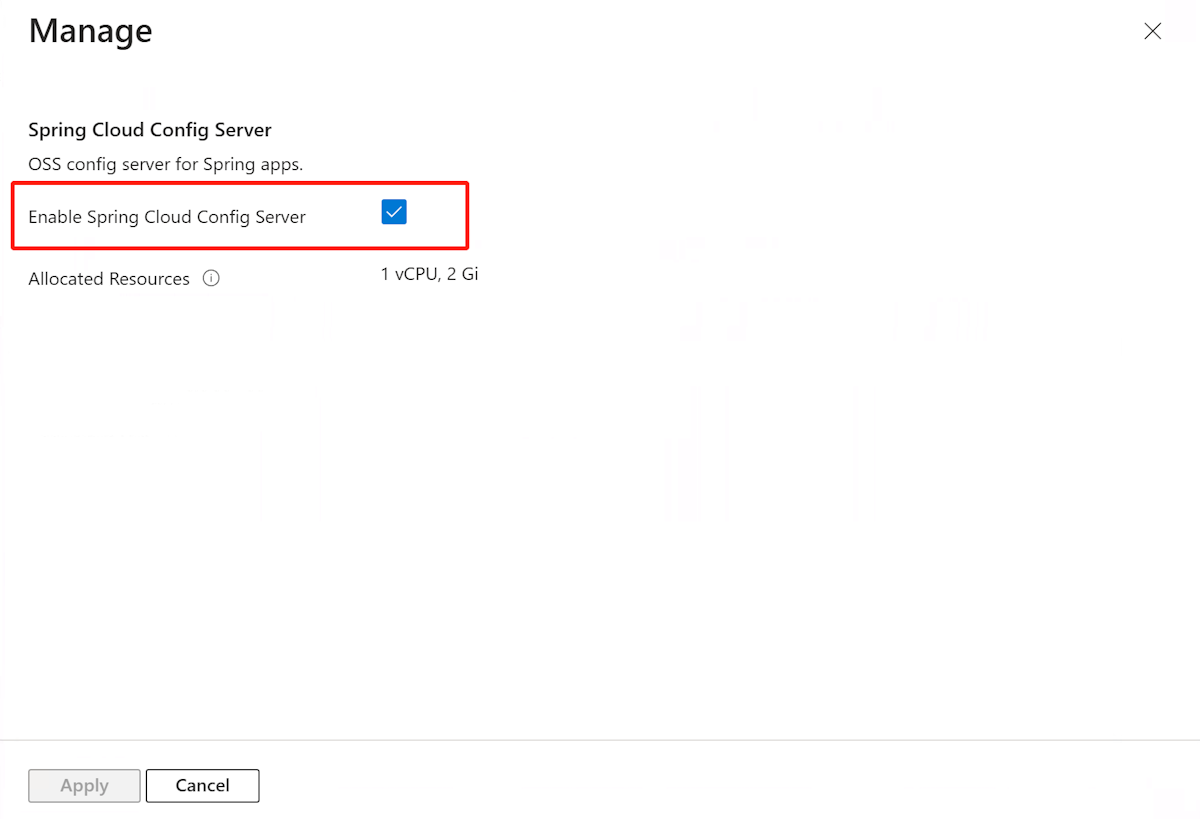 Screenshot of the Azure portal that shows the Manage pane with the Enable Config Server option highlighted.