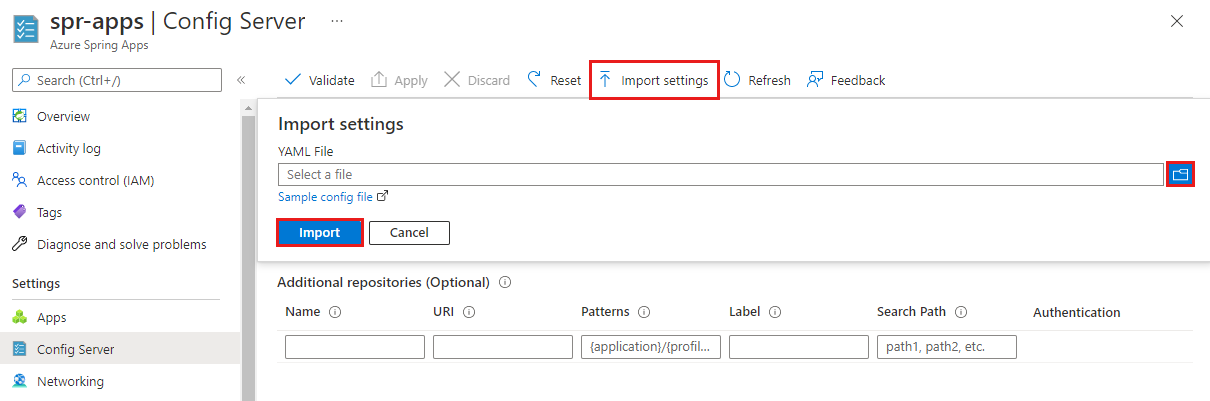 Screenshot of the Azure portal that shows the Config Server Import settings pane.