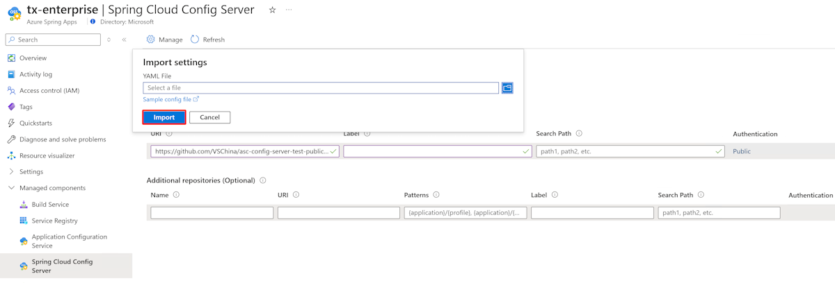 Screenshot of the Azure portal that shows the Config Server Import settings pane.