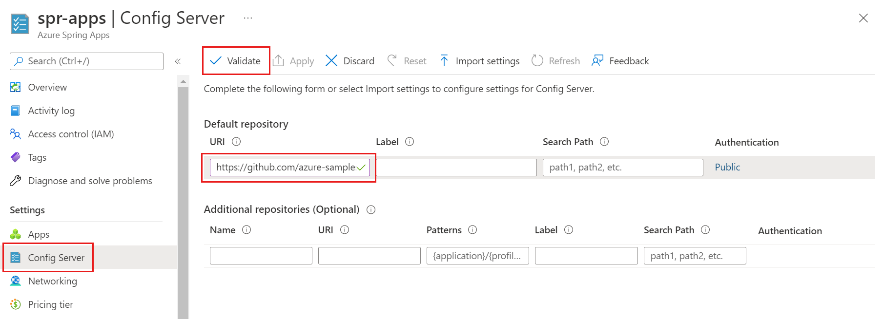 Screenshot of the Azure portal that shows the Config Server page.