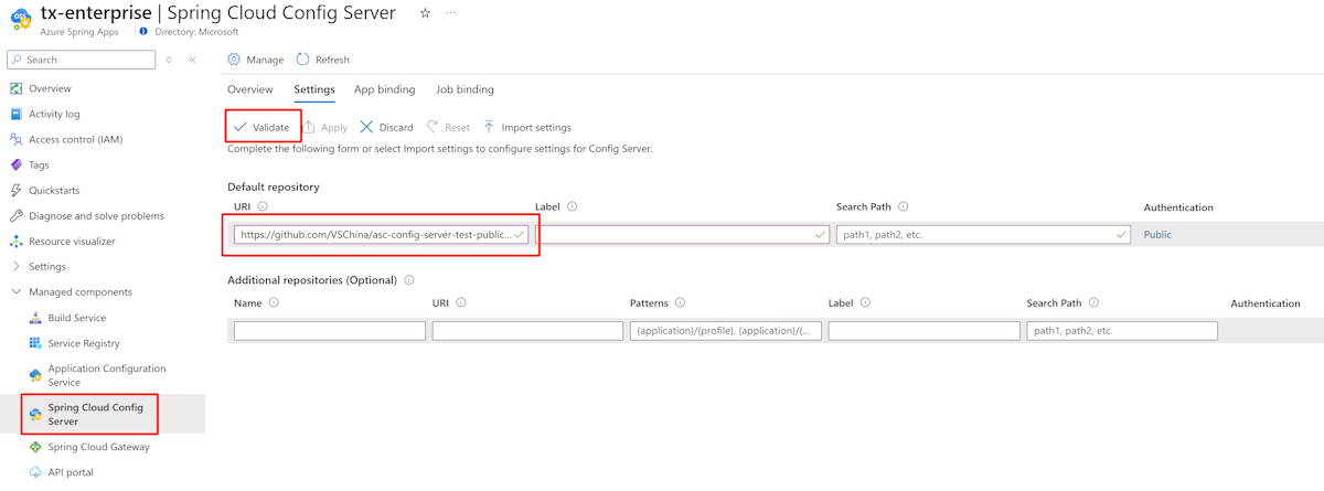 Screenshot of the Azure portal that shows the Config Server page.