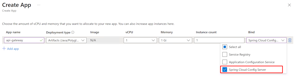 Screenshot of the Azure portal that shows the Create App page with the Bind dropdown highlighted.