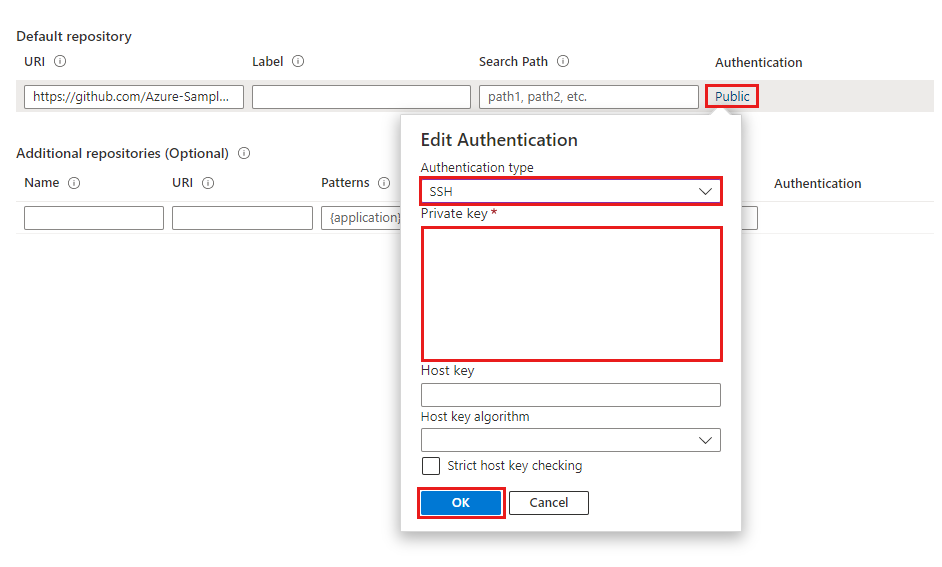 Screenshot of the Azure portal that shows the Default repository section of the authentication settings for SSH authentication.