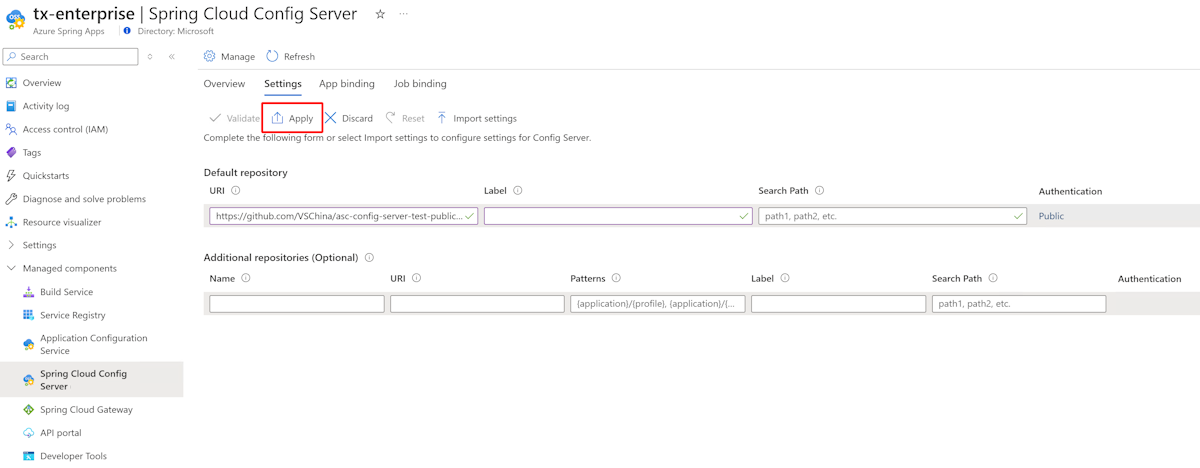 Screenshot of the Azure portal that shows the Config Server page with Apply button highlighted.