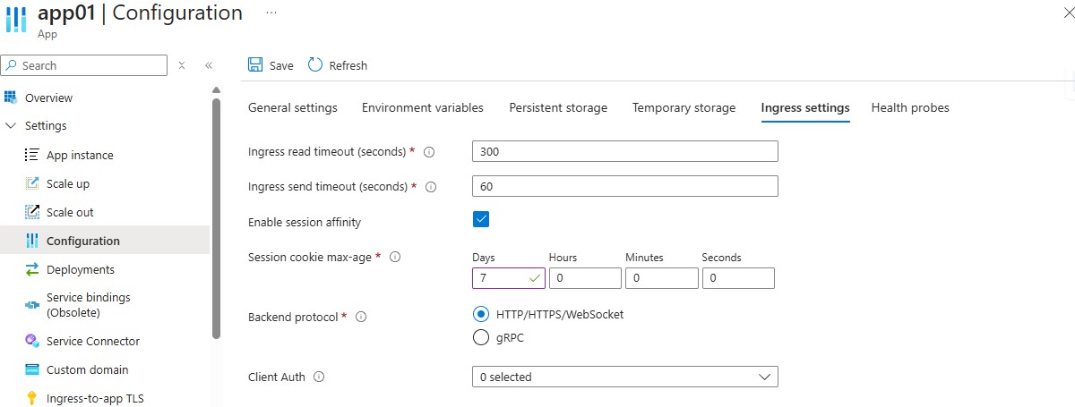 Screenshot of Azure portal Configuration page showing the Ingress settings tab.