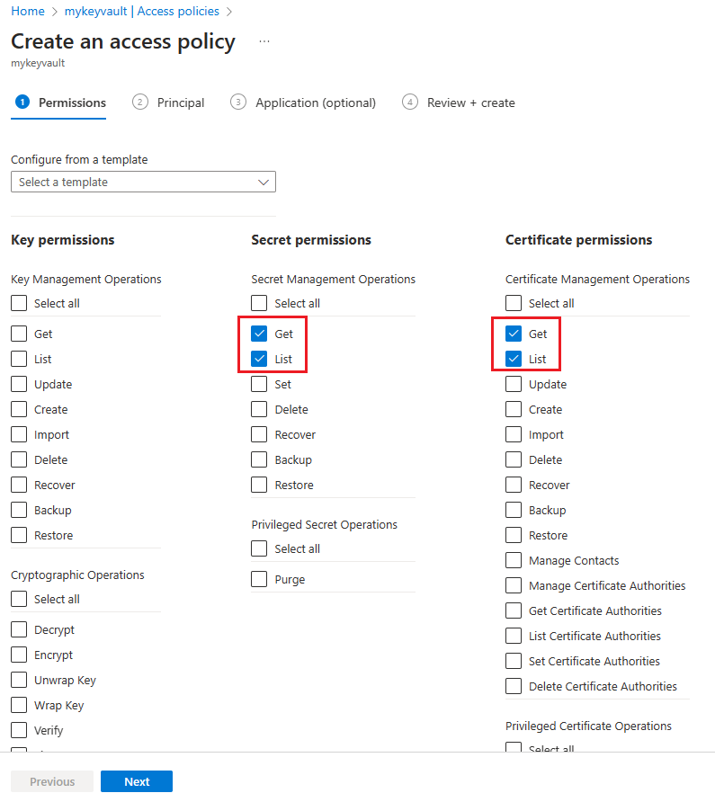 Screenshot of the Azure portal Add Access Policy page with Get and List selected from Secret permissions and from Certificate permissions.